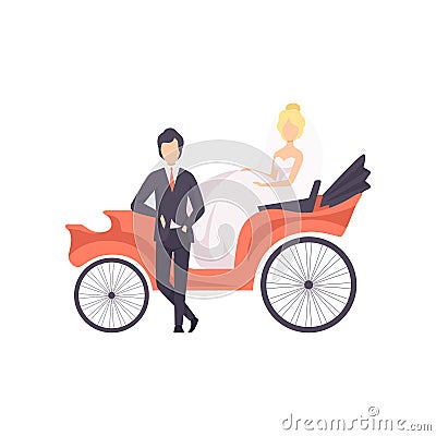 Elegant couple of newlyweds posing in a wedding carriage vector Illustration on a white background Vector Illustration