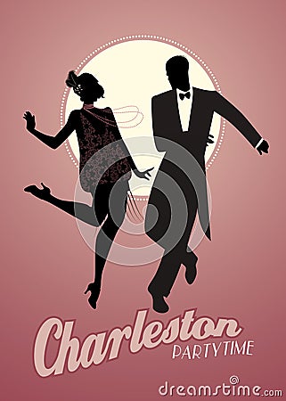 Elegant couple silhouettes wearing 20`s style clothes dancing charleston. Stock Photo