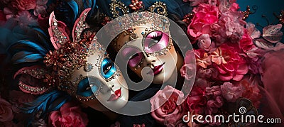 Elegant couple in venetian carnival costumes on vibrant studio background with space for text Stock Photo