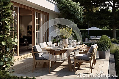 Elegant cozy garden furniture on terrace of suburban home Stock Photo