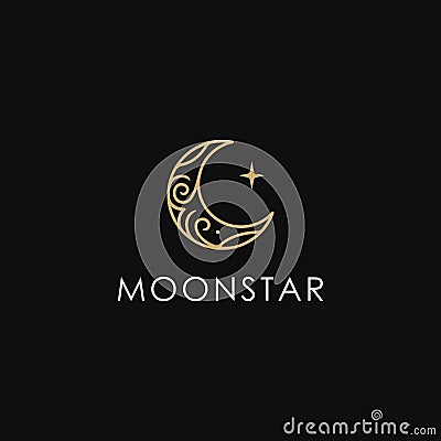Elegant crescent moon and star logo design line icon vector in luxury style outline linear Vector Illustration