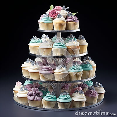 Elegant Cupcake Tower with Decadent and Indulgent Cupcake Creations Stock Photo