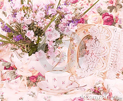 Elegant cups, flowers and retro frame Stock Photo