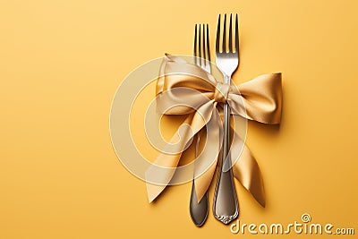 Elegant Cutlery set ribbon. Generate Ai Stock Photo
