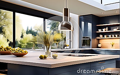 Elegant 3D Render: Beautifully Designed Kitchen Stock Photo