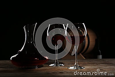 Elegant decanter and glasses with red wine Stock Photo