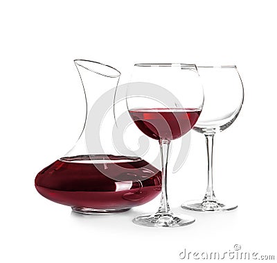 Elegant decanter with red wine and glasse Stock Photo