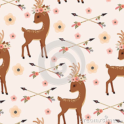 Elegant deer in floral wreath with arrows seamless wallpaper Vector Illustration