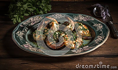 An elegant and delicious plate of garlic shrimp with parsley, healthy and protein-rich food. Generative AI Stock Photo