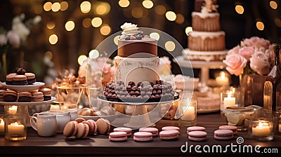 A variety of decadent cakes, pastries, and macarons Stock Photo