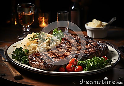 Elegant detail of wooden table with steak, salad, rice and pretty glasses of red wine. Ai generated Stock Photo