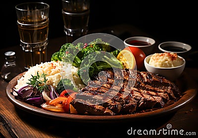 Elegant detail of wooden table with steak, salad, rice and pretty glasses of red wine. Ai generated Stock Photo