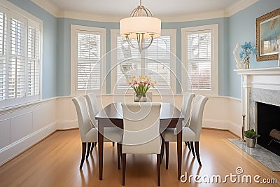 elegant dining room in colonial revival with bay windows Stock Photo