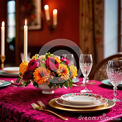Elegant dinner setting arrangement for fancy special occasion such as wedding Stock Photo