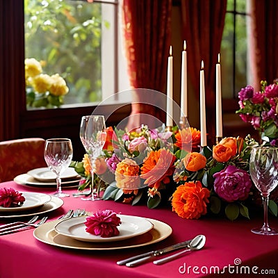 Elegant dinner setting arrangement for fancy special occasion such as wedding Stock Photo