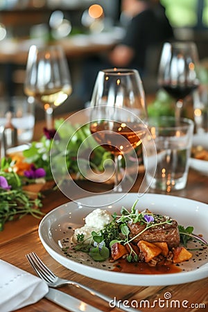 An elegant dinner setting with a succulent meat dish and a glass of red wine on a wooden table. Stock Photo