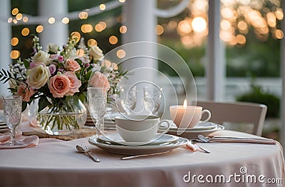an elegant dinner table lit by candlelight Stock Photo