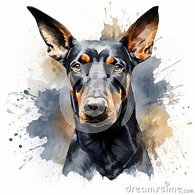 Elegant Doberman Pinscher Watercolor Portrait With Strong Graphic Elements Cartoon Illustration