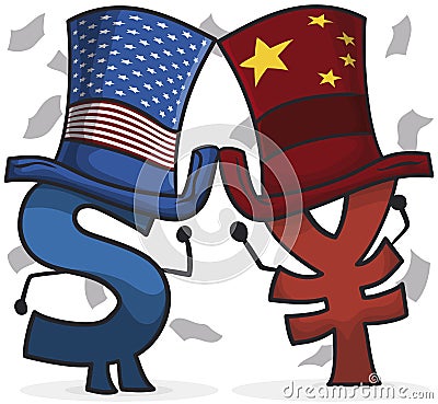 Money Symbols with Hats Fighting due Trade War between U.S.A.-China, Vector Illustration Vector Illustration