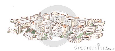 Elegant drawing of old city with beautiful buildings of Arab architecture. Panoramic view of streets of Medina, Baghdad Vector Illustration