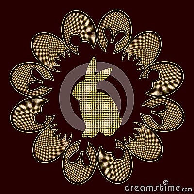 Elegant Easter background in black and gold colors. Sparkling Easter bunny and eggs. Vector Illustration