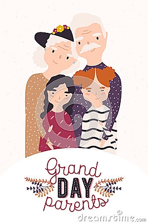 Elegant elderly couple embracing their grandchildren. Portrait of smiling grandmother, grandfather and granddaughters Vector Illustration