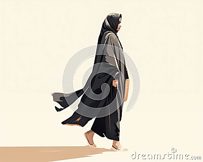 An elegant Emirati Muslim woman walking in fashion wearing a yashmak exudes ace and confidence.. AI generation Stock Photo