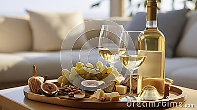 Elegant Evening - Vintage Chardonnay Paired with Gourmet Delights and fruits. Generative AI Stock Photo