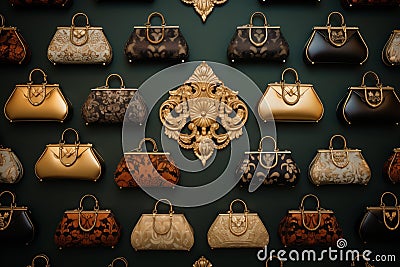 Elegants exquisite handbags and clutches arranged in symmetrical pattern. Generative AI Stock Photo