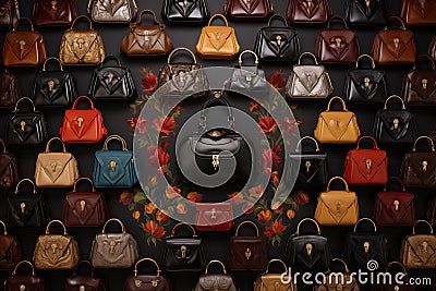 Elegants exquisite handbags and clutches arranged in symmetrical pattern. Generative AI Stock Photo