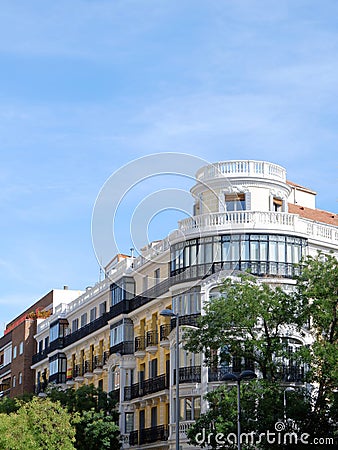 Elegant exterior in downtown district Fuencarral, Madrid, Spanish capital, Spain. Vertical photo Stock Photo