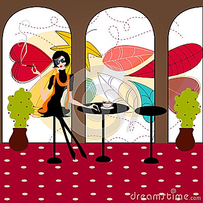 Elegant fashion girl in a cafe Vector Illustration