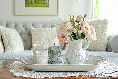 Elegant feminine decor accents, tray with flowers and candles in cozy living room Stock Photo