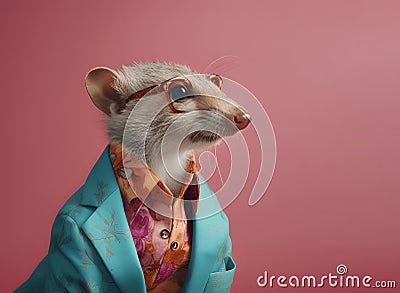 Elegant ferret dressed in a jacket, on a pink background, pet clothing Stock Photo