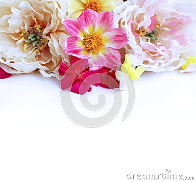 Elegant festive bouquet of light pink peonies and pink dahlias on a white background. Stock Photo