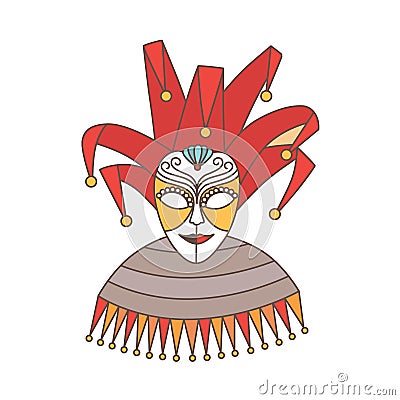 Elegant festive mask of jester or harlequin isolated on white background. Decoration for Venetian carnival, Mardi Gras Vector Illustration