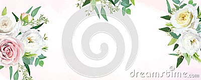 Elegant floral banner design with blush pink, neutral white, yellow rose flowers, seeded eucalyptus branches, greenery leaves Vector Illustration