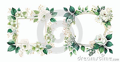 Elegant Floral Frames with Lush Greenery and Blooming White Flowers, Perfect for Wedding Invitations, Greeting Cards Vector Illustration