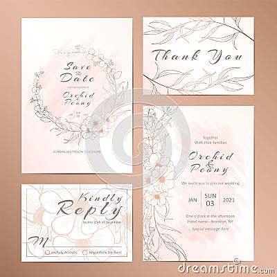 Elegant floral outlined wedding invitation template set Vector Illustration