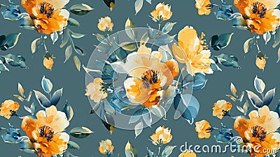 Elegant Floral Pattern with Vibrant Yellow Blooms on Teal Background Stock Photo