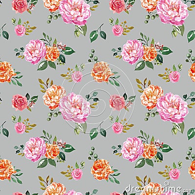 Trendy watercolour floral seamless pattern. Hand painted pink and orange flowers on pale grey background. Botanical print. Cartoon Illustration