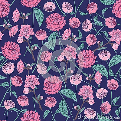 Elegant floral seamless pattern with beautiful roses on dark background. Gorgeous backdrop with pink flowers hand drawn Vector Illustration