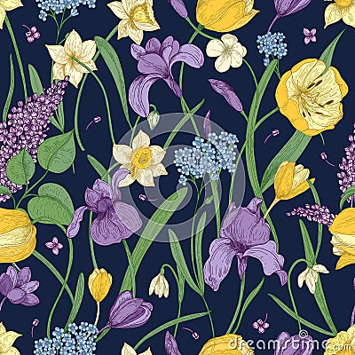 Elegant floral seamless pattern with beautiful spring flowers on dark background. Gorgeous blooming plants. Colorful Vector Illustration