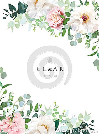 Elegant floral vector card with white and creamy woody peony, dusty rose flower Vector Illustration