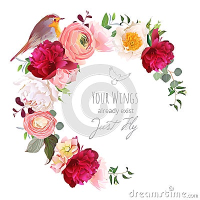 Elegant floral vector round frame with ranunculus, peony, rose, Vector Illustration