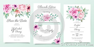 Elegant floral wedding invitation card template set with purple and pink flowers, leaves decoration. Botanical card background Vector Illustration