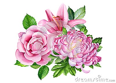 Elegant flowers in watercolor, bouquet of roses, lilies, chrysanthemums Cartoon Illustration