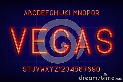 Neon glowing font. Alphabet with english letters and numbers with neon light effect. Vector Vector Illustration