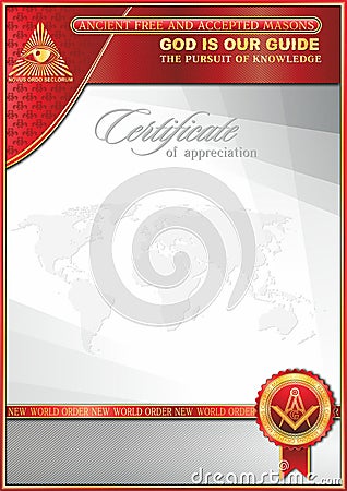 An elegant vertical form for creating certificates with Masonic symbols. Red elements on a white background. Stock Photo