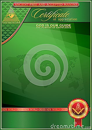 An elegant vertical form for creating certificates with Masonic symbols. Golden elements on a green background. Stock Photo